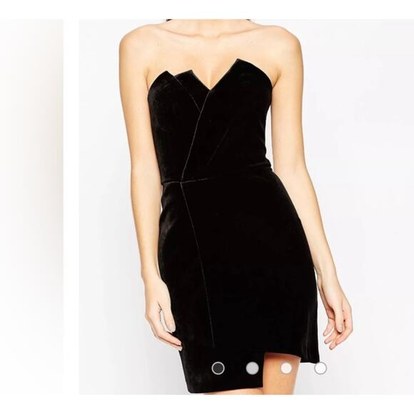 ASOS Dress Women's 2 Black Night Velvet Asymmetric Bandeau Neck Mini Lined Zip - Picture 11 of 11